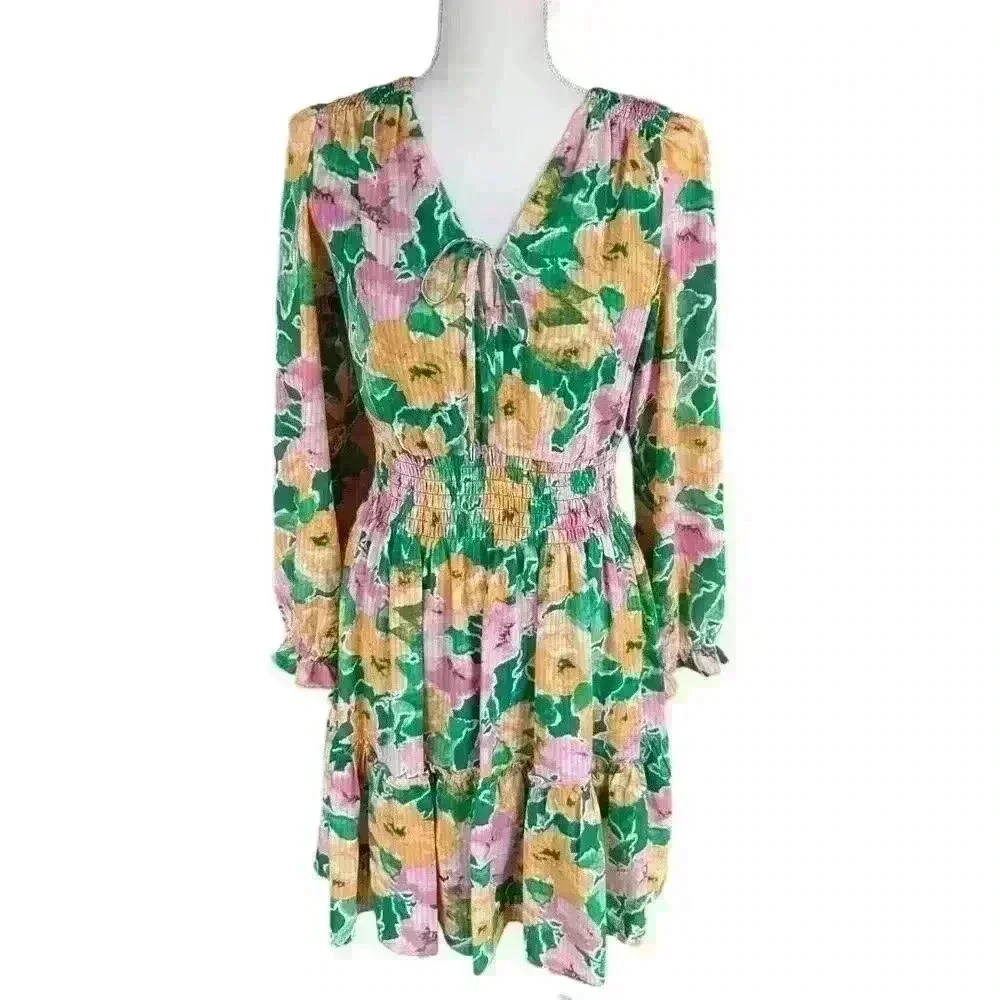 TAYLOR Long Sleeve Green, Pink and Yellow Floral Dress with Tie - Size 8 - Picture 1 of 3